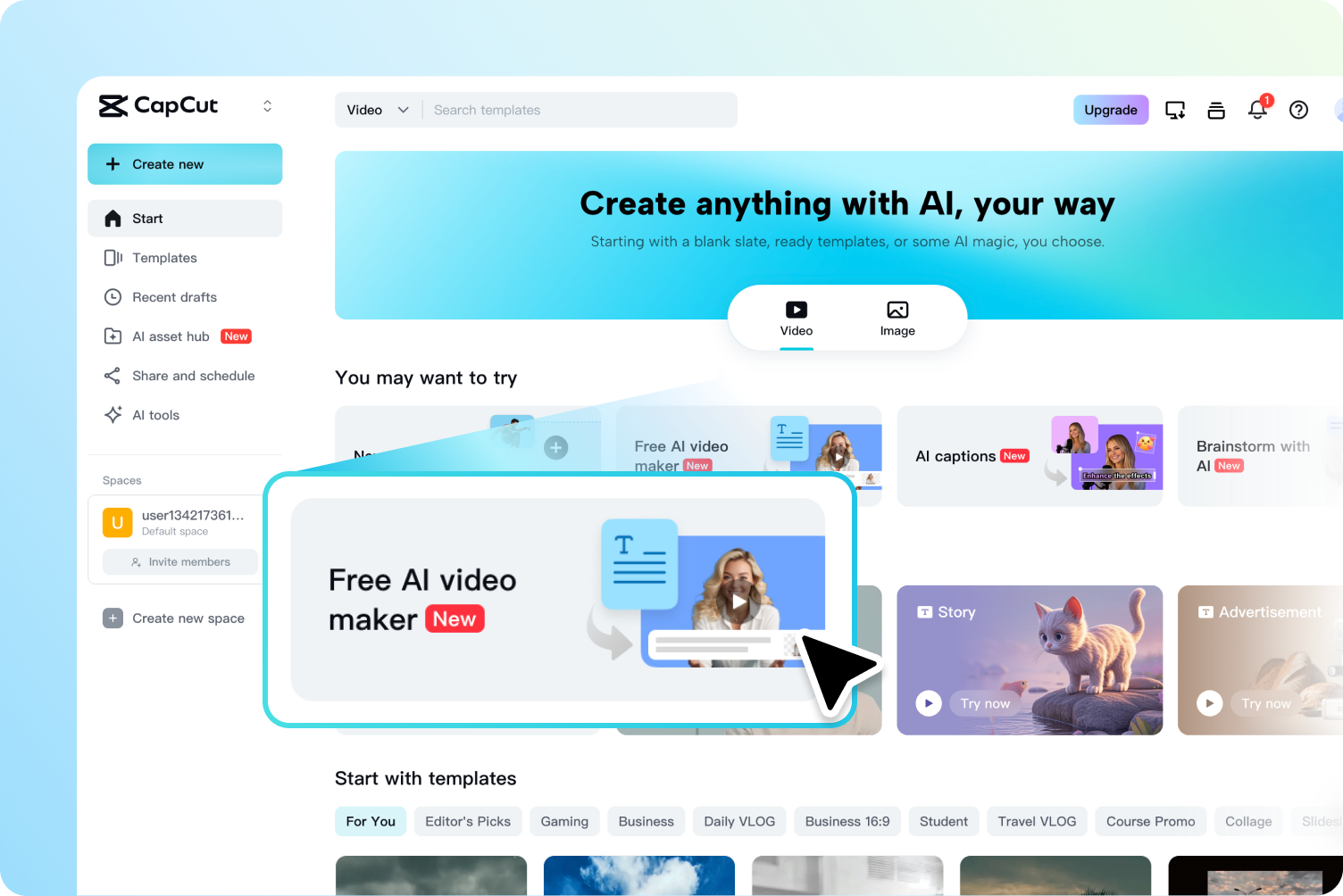 Accesso ai creatori di video AI su CapCut Web