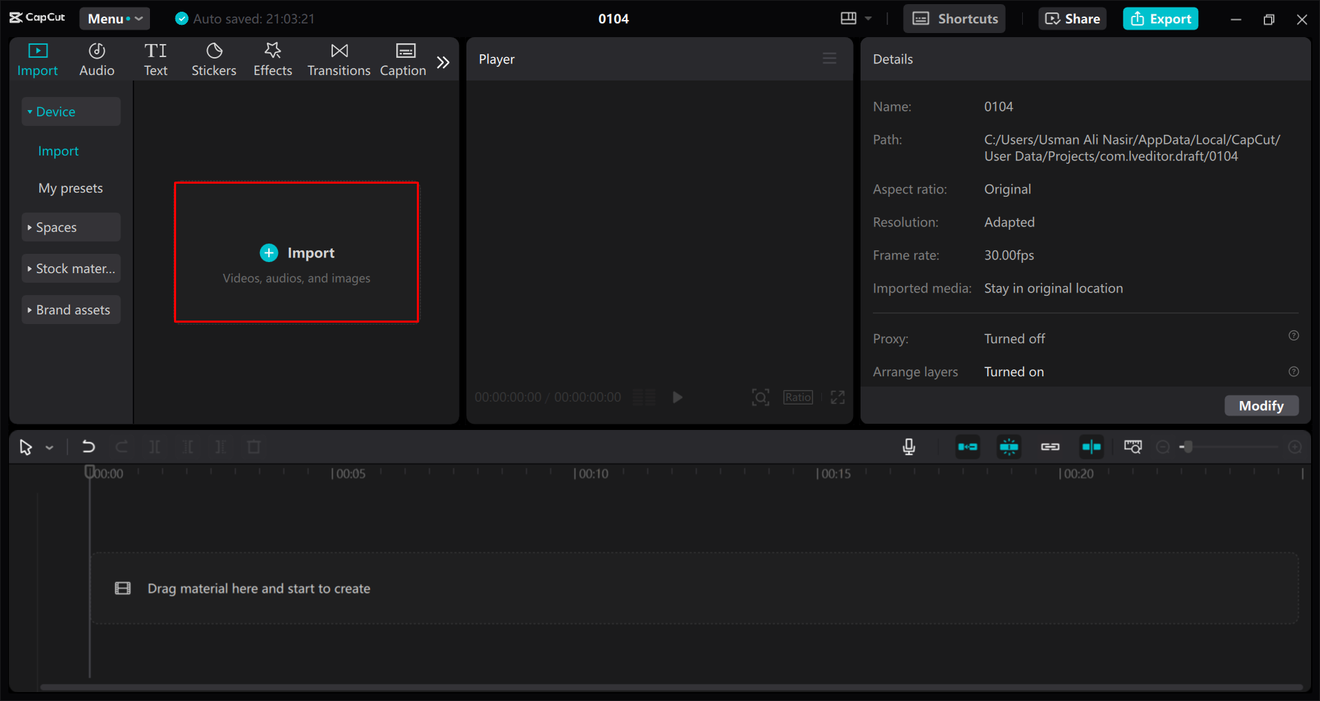 ALT Text: Importare un video nell' CapCut editor video desktop