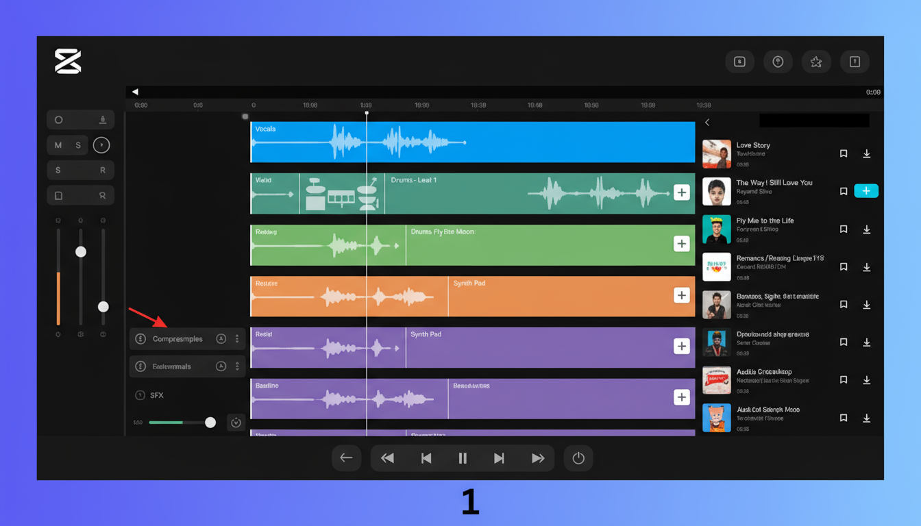 Représentation abstraite d'un éditeur audio multipiste, présentant diverses ondes sonores et outils d'édition dans une interface épurée.