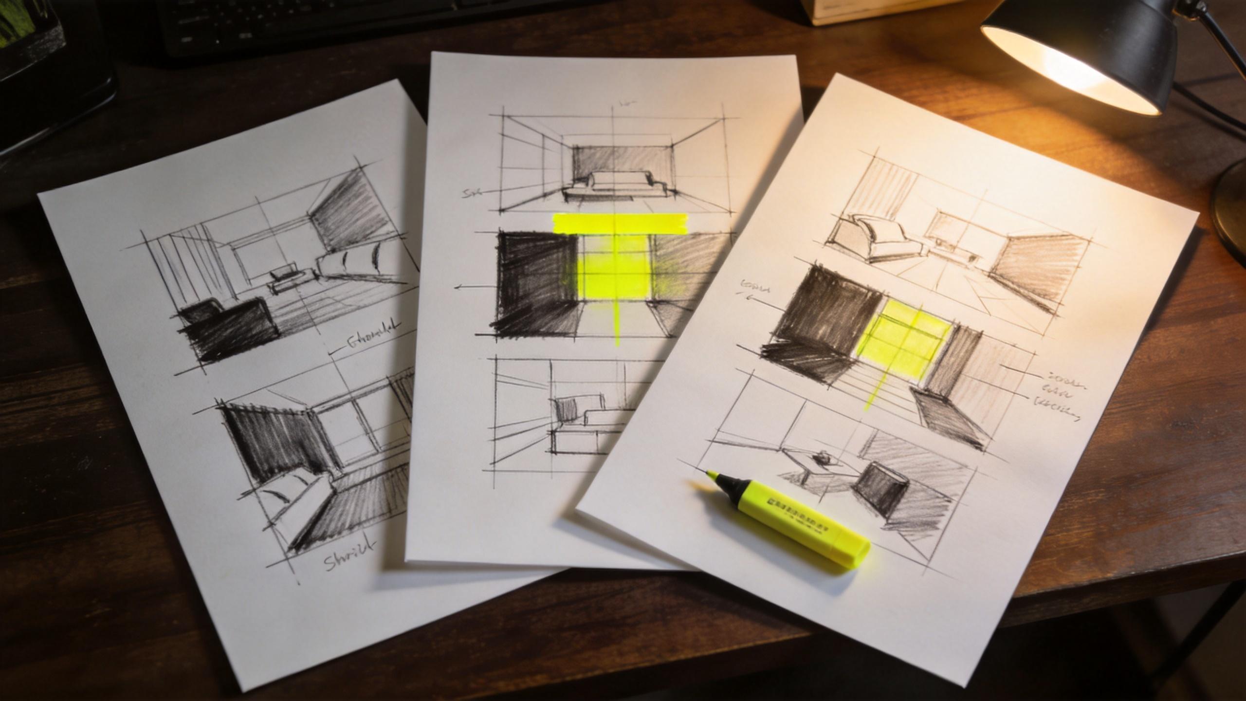 Three paper sketches of room layouts with yellow highlights on a wooden desk