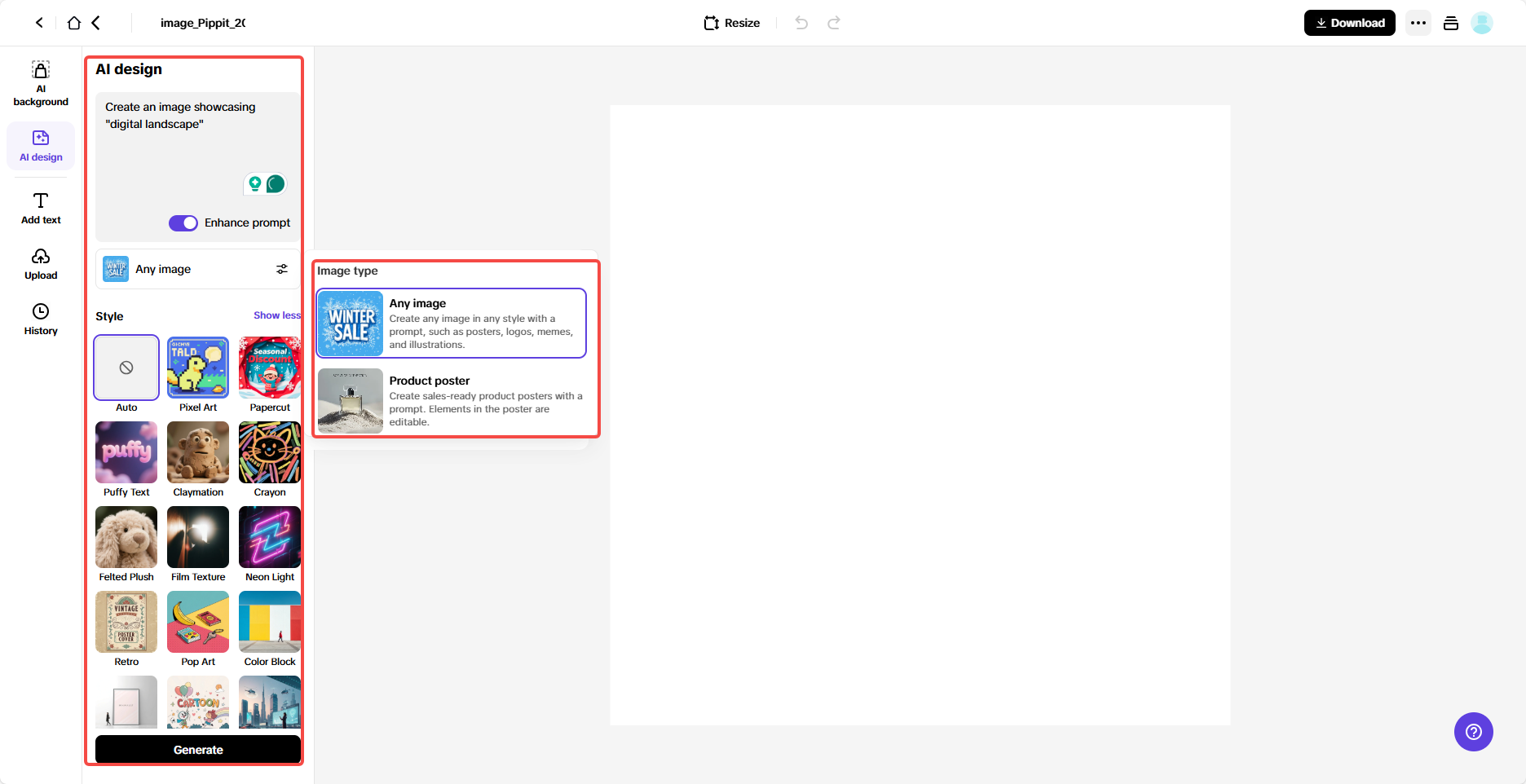 Access AI design and type a prompt