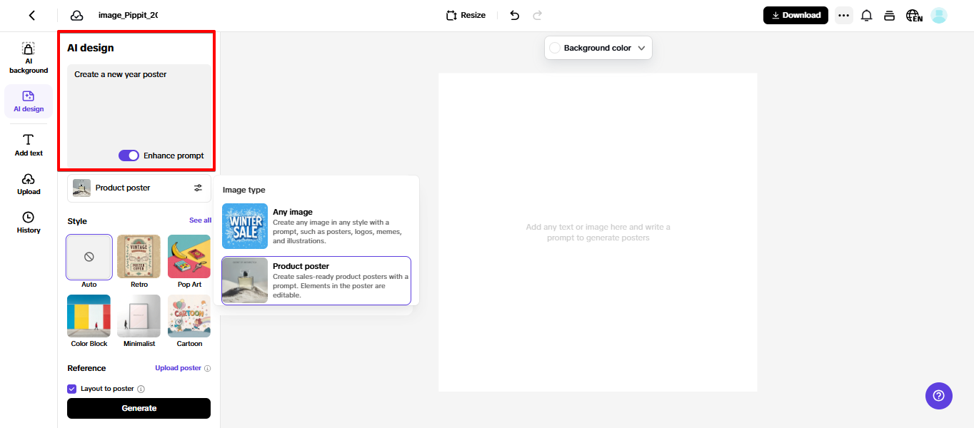 Inserire un prompt per la creazione di immagini in Pippit