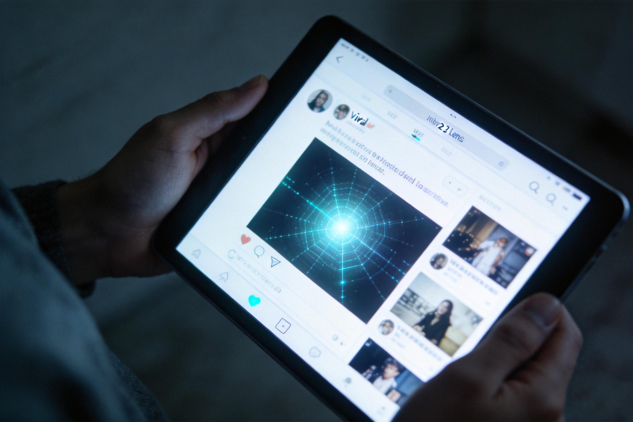 Hands holding a tablet showing a social media feed with a glowing network graphic