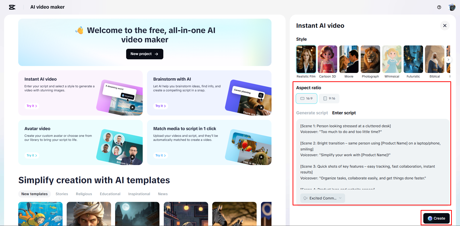 Generating a video from a script in CapCut Web