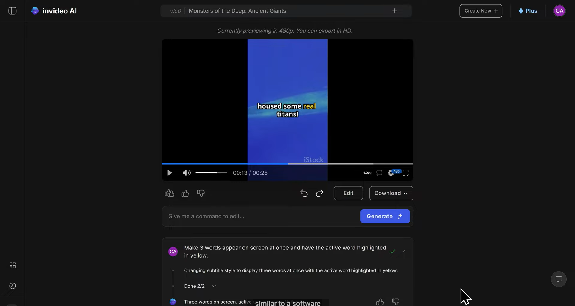 อินเตอร์เฟซของ Invideo AI - โปรแกรมสร้างอินโทร 3D ออนไลน์ที่ดีที่สุด