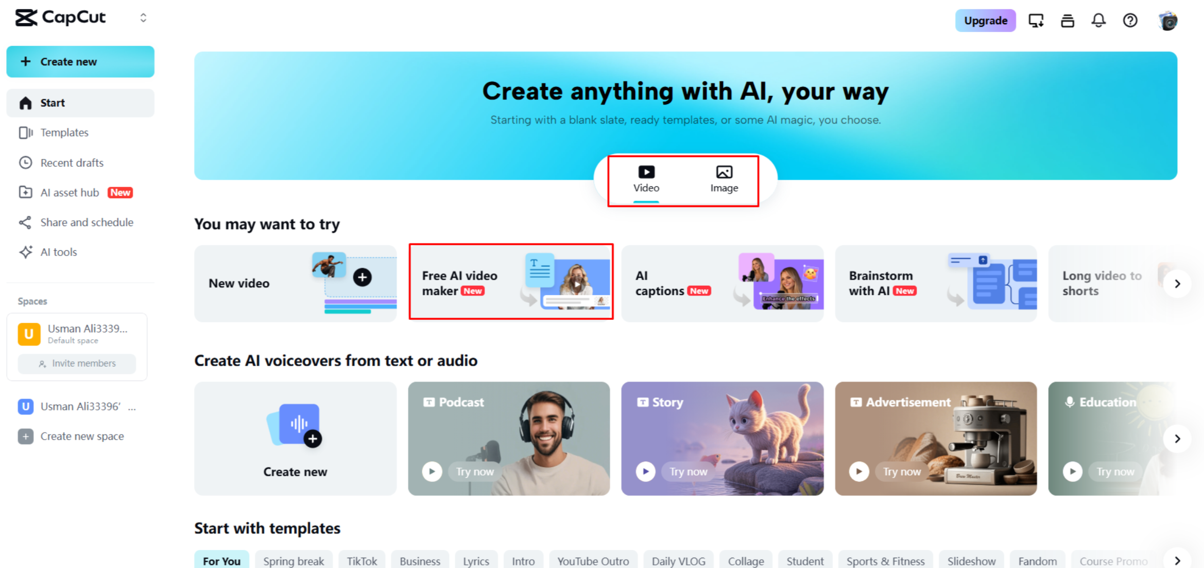 CapCut Web'de AI video oluşturucu açma