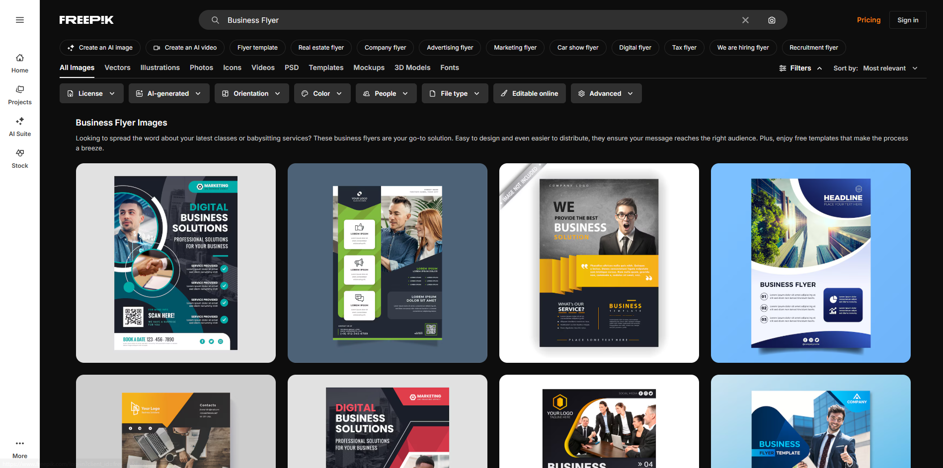 Interface of Freepik - a good resource for free business flyer templates