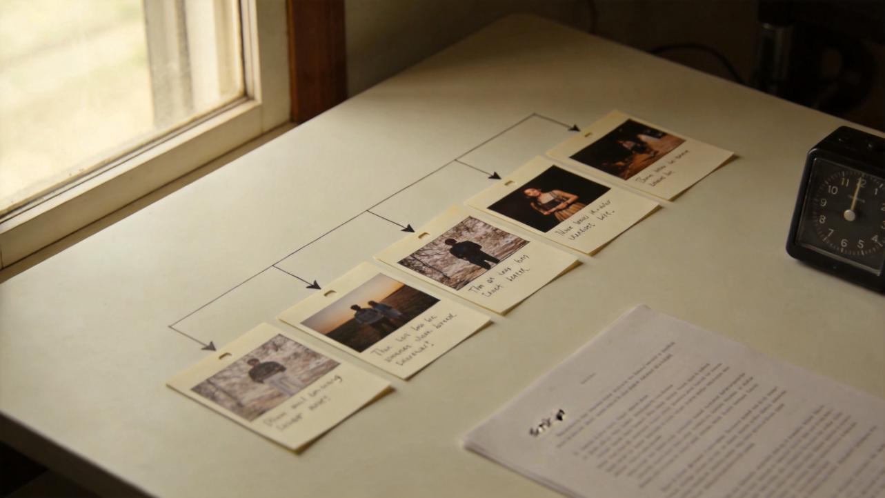 Storyboarding photo slides with handwritten captions and arrows on a desk