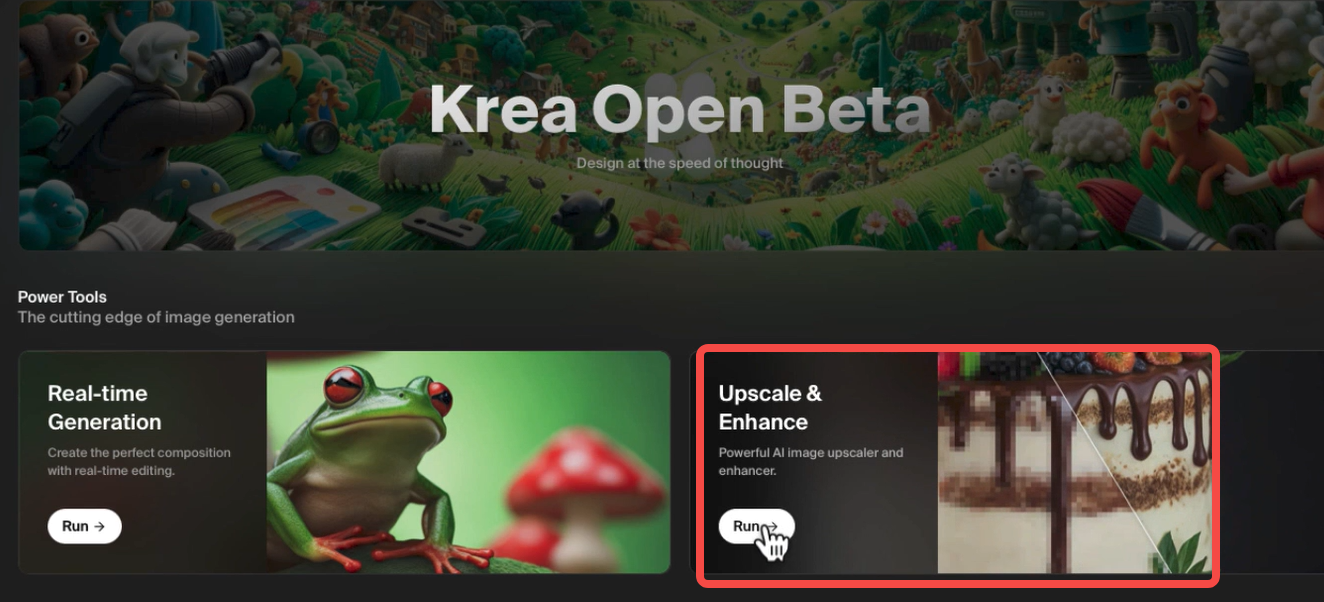 Zugriff auf "Upscale &amp; Enhance" im Krea AI Photo Enhancer