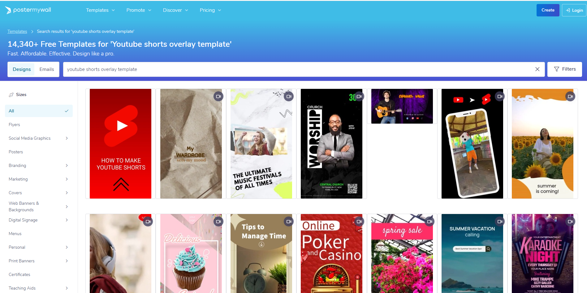 Interfaz de PosterMyWall - el mejor sitio para YouTube Superposiciones cortas