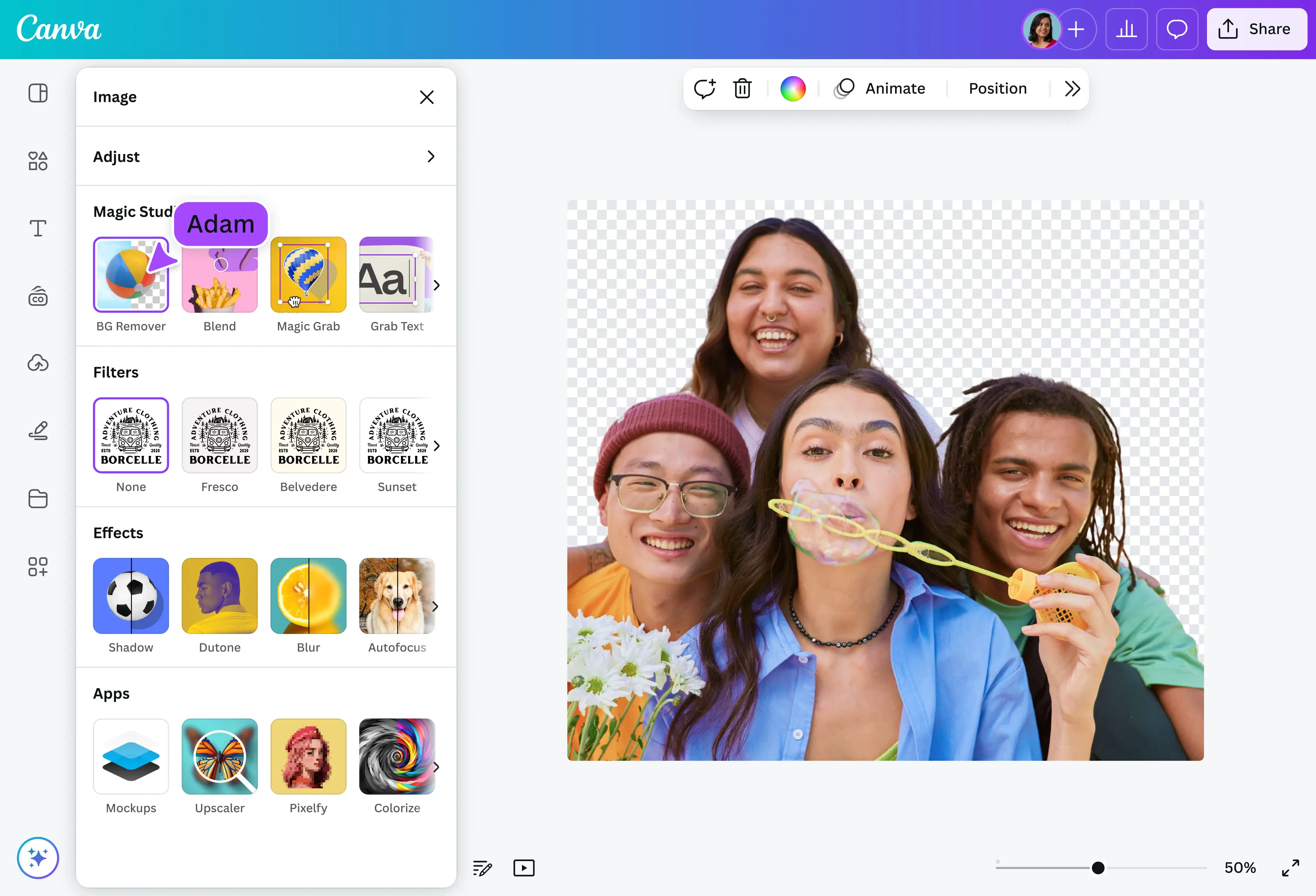Canva video editing interface na may naka-highlight na tool sa pag-alis ng background