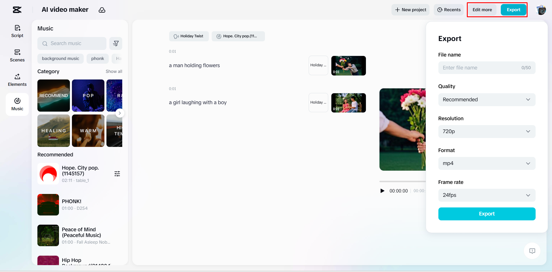 Exporting a video from CapCut's AI video maker