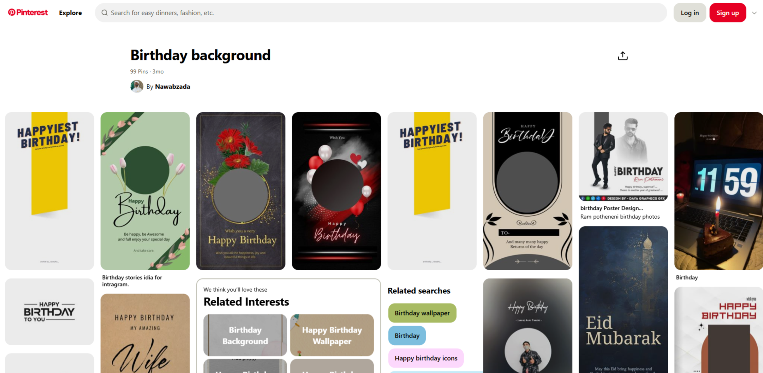 Interfaccia di Pinterest - un sito versatile per idee su sfondi di compleanno.