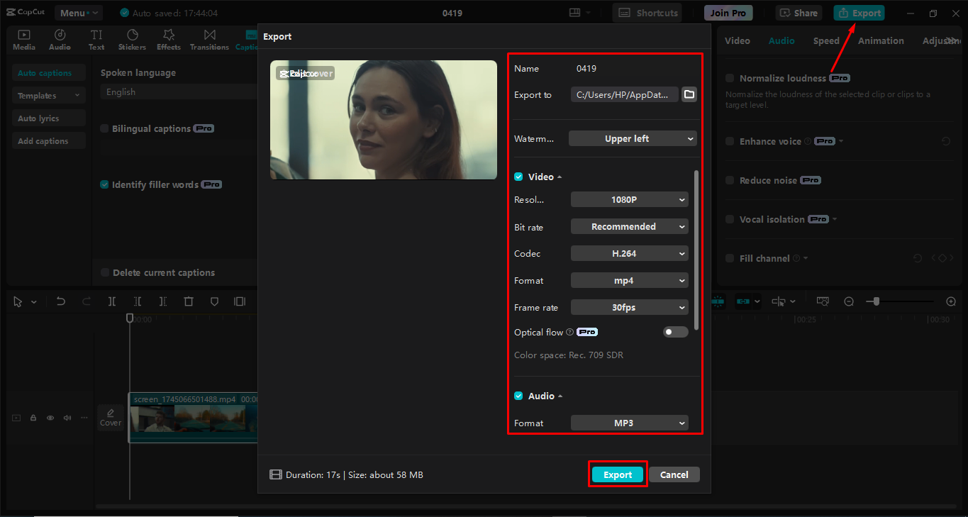 Exporting the screen recording from the CapCut desktop video editor