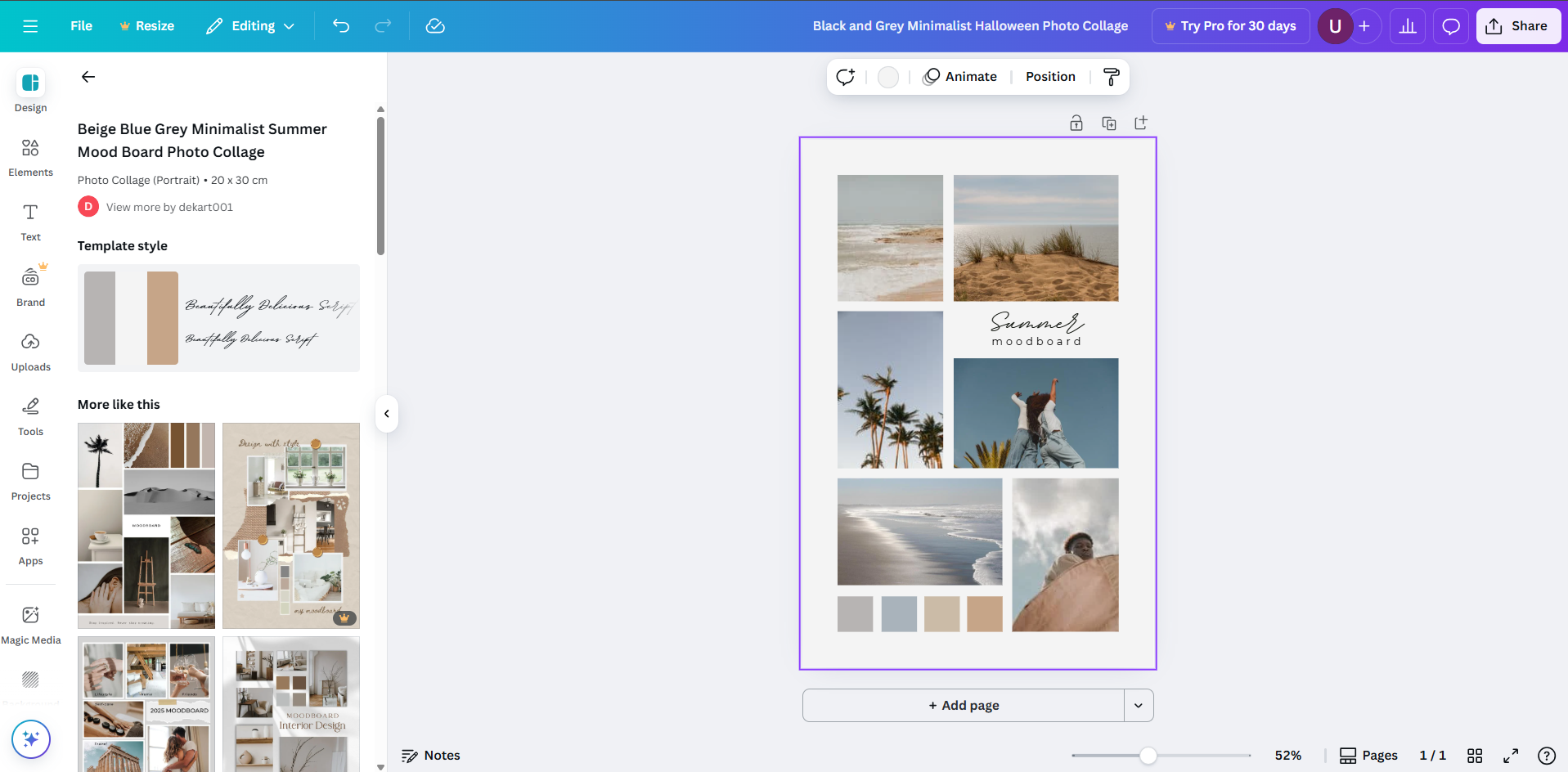 Collage minimalista e pulito di mood board con griglie ordinate