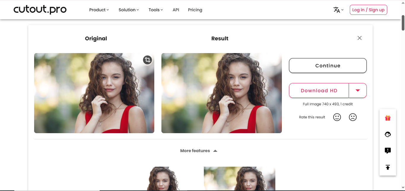Interface Cutout.pro - un nettoyeur de visage photo gratuit en ligne bien connu