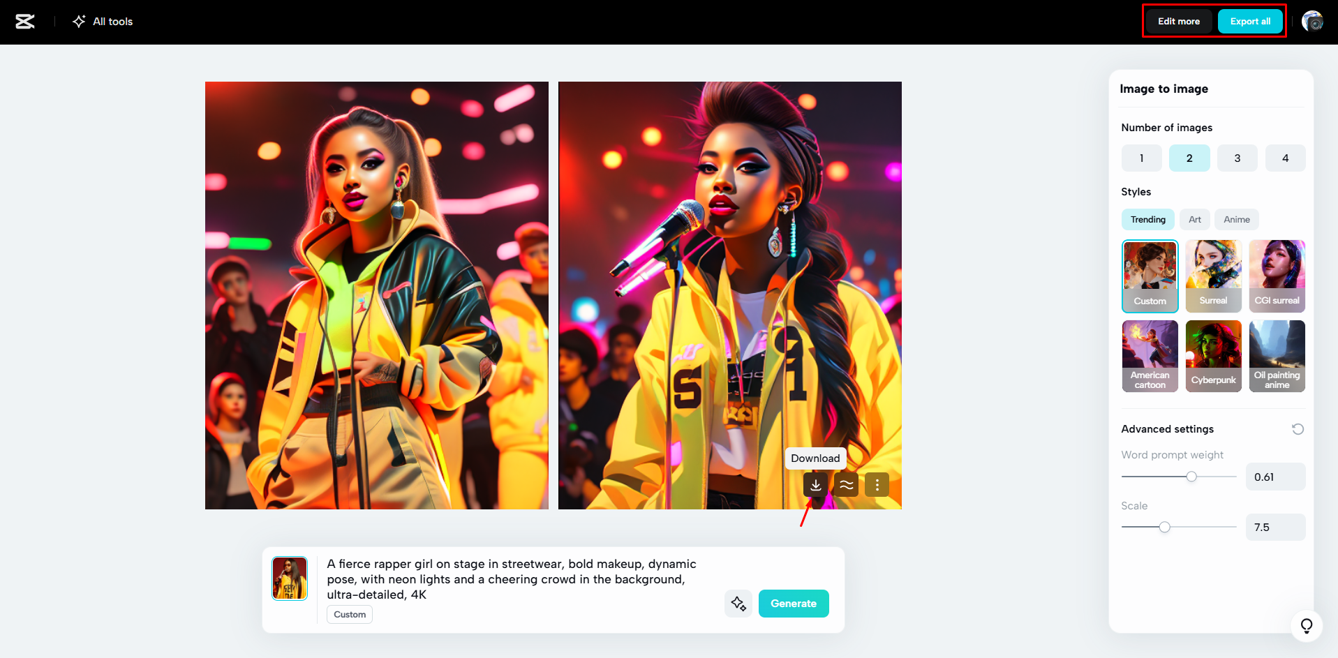 Exporting all the images from CapCut Web