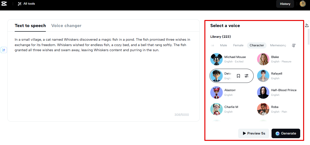 Generando voz de personaje en CapCut Web