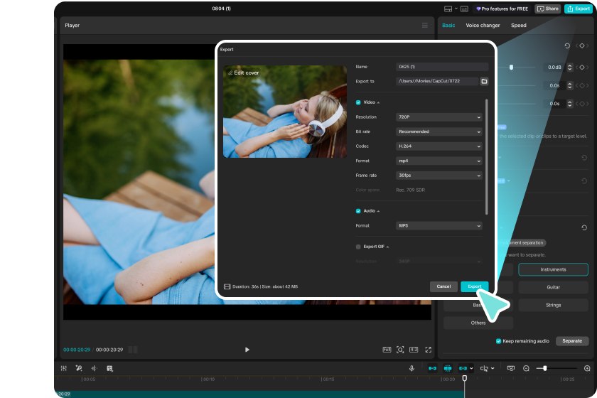 Exporting the final project from CapCut's AI instrumental remover