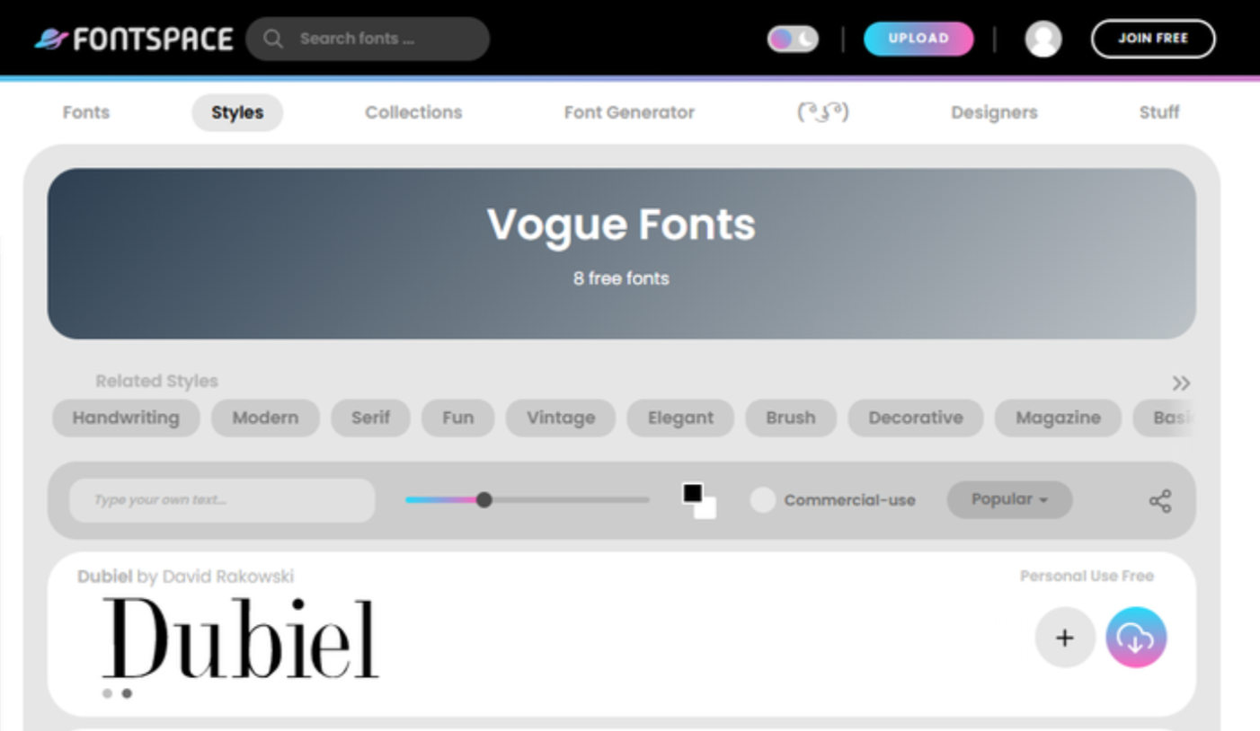 Interfaz de FontsSpace - un recurso valioso para fuentes de Vogue