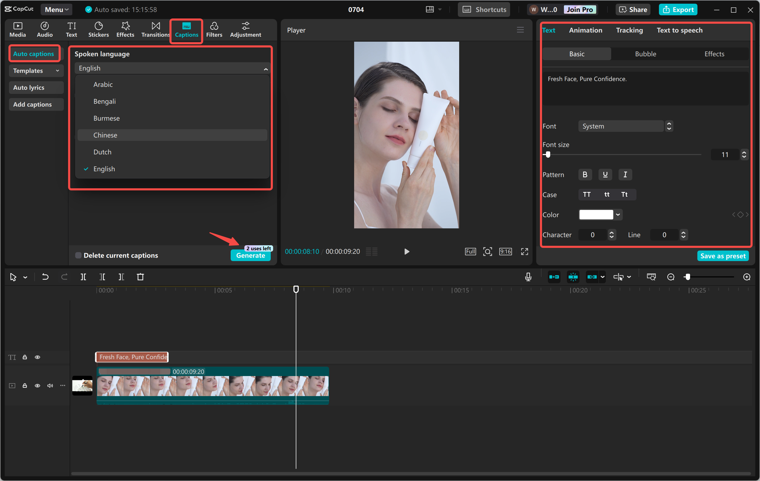 Aggiunta di didascalie e generazione di font AI nell' CapCut editor video desktop