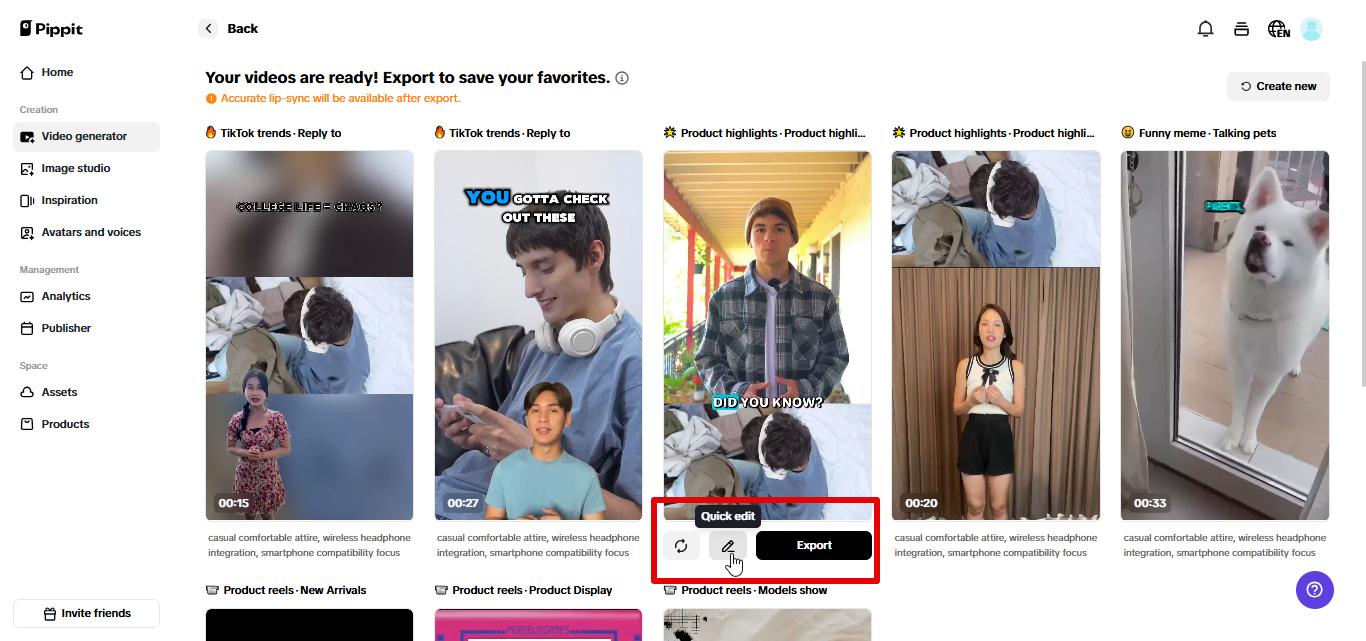 Exporting video from Pippit