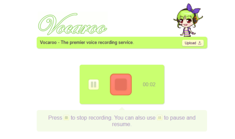 Interfaz de Vocaroo: un grabador de audio en línea gratuito.
