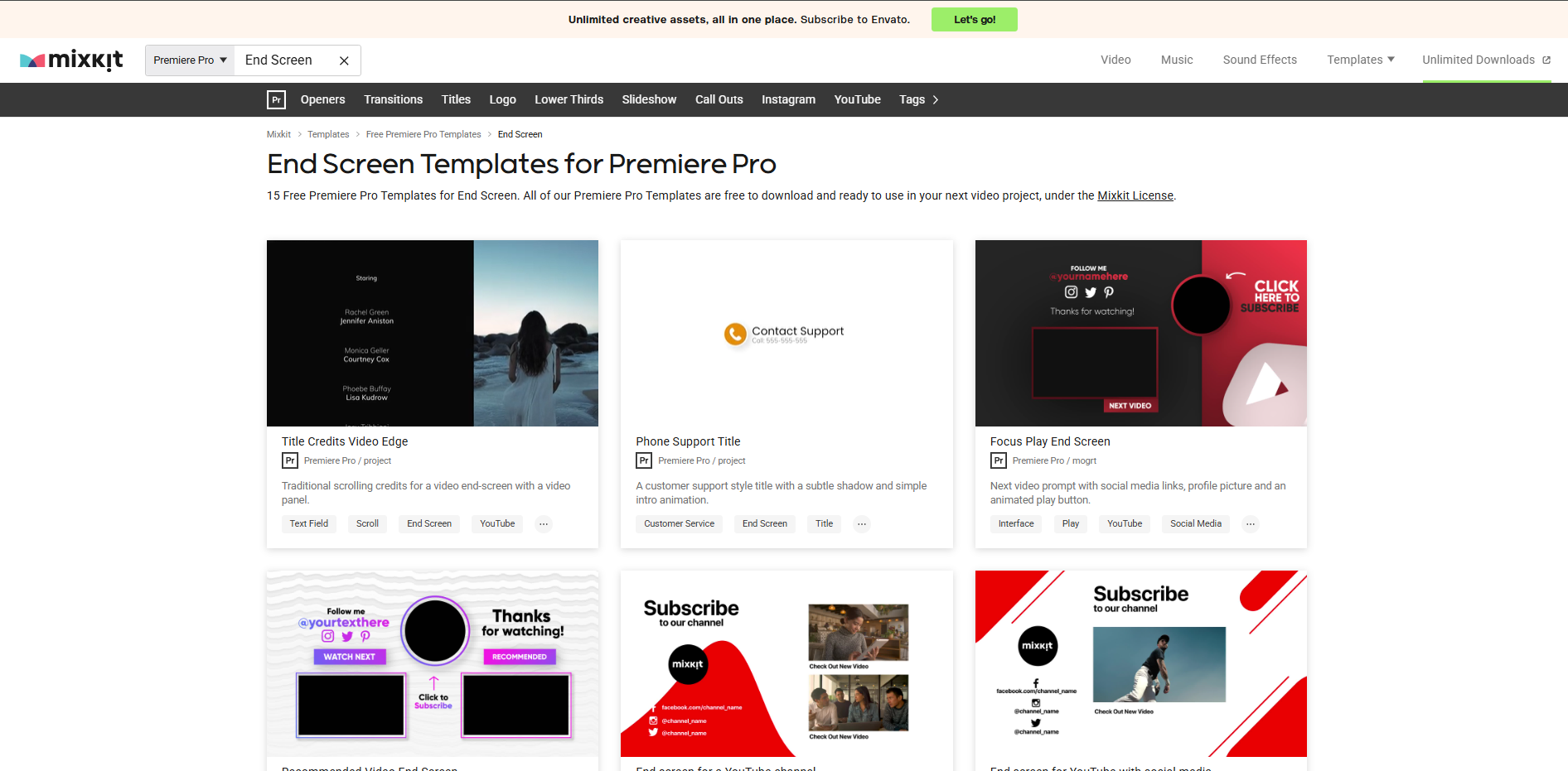 Interface de Mixkit - une excellente ressource pour les modèles de fin d'écran YouTube