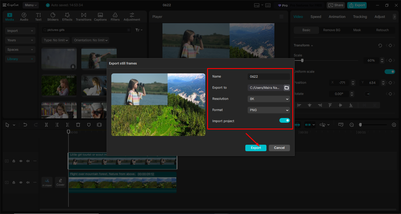 Exporting the 8k image from the CapCut desktop video editor