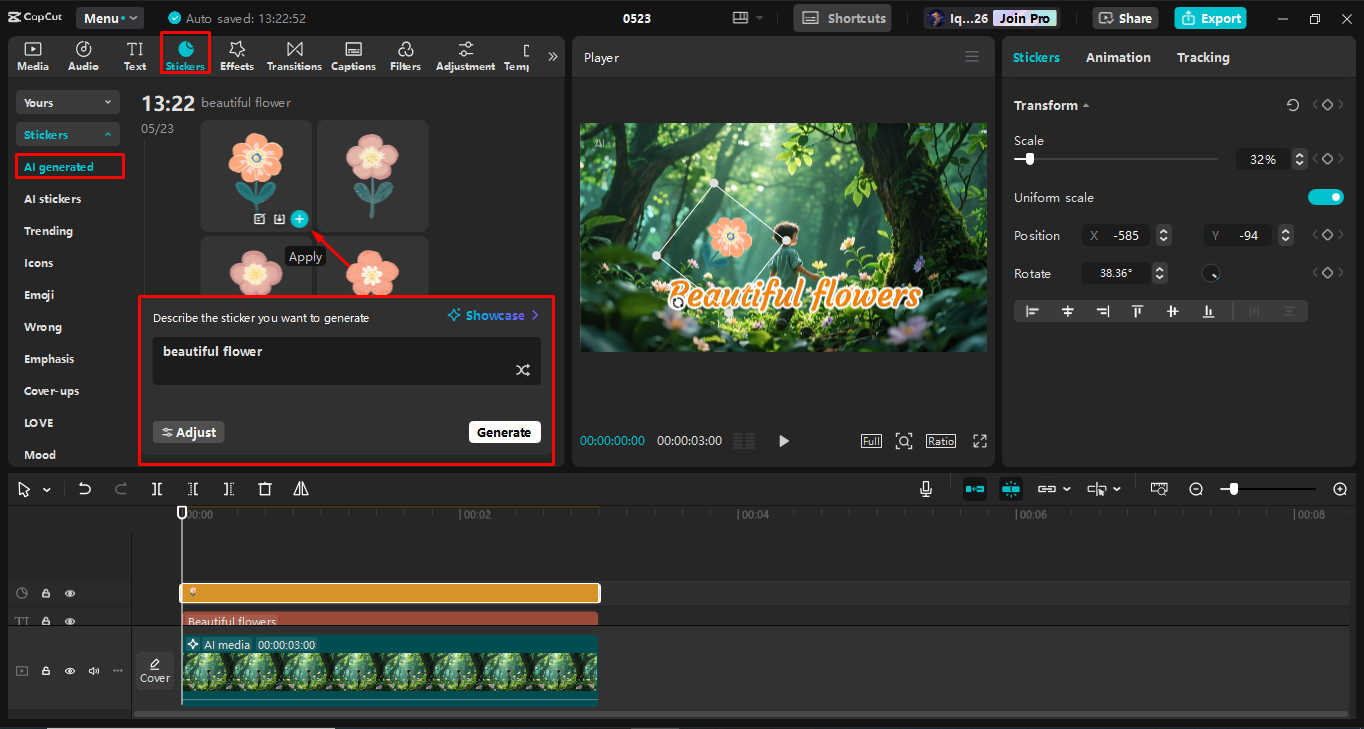 Pagdaragdag ng mga sticker ng AI sa isang video gamit ang CapCut desktop video editor
