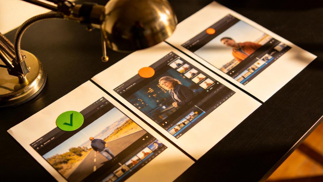 Three printed video editing previews on a desk, two marked with orange circles and one with a green check.