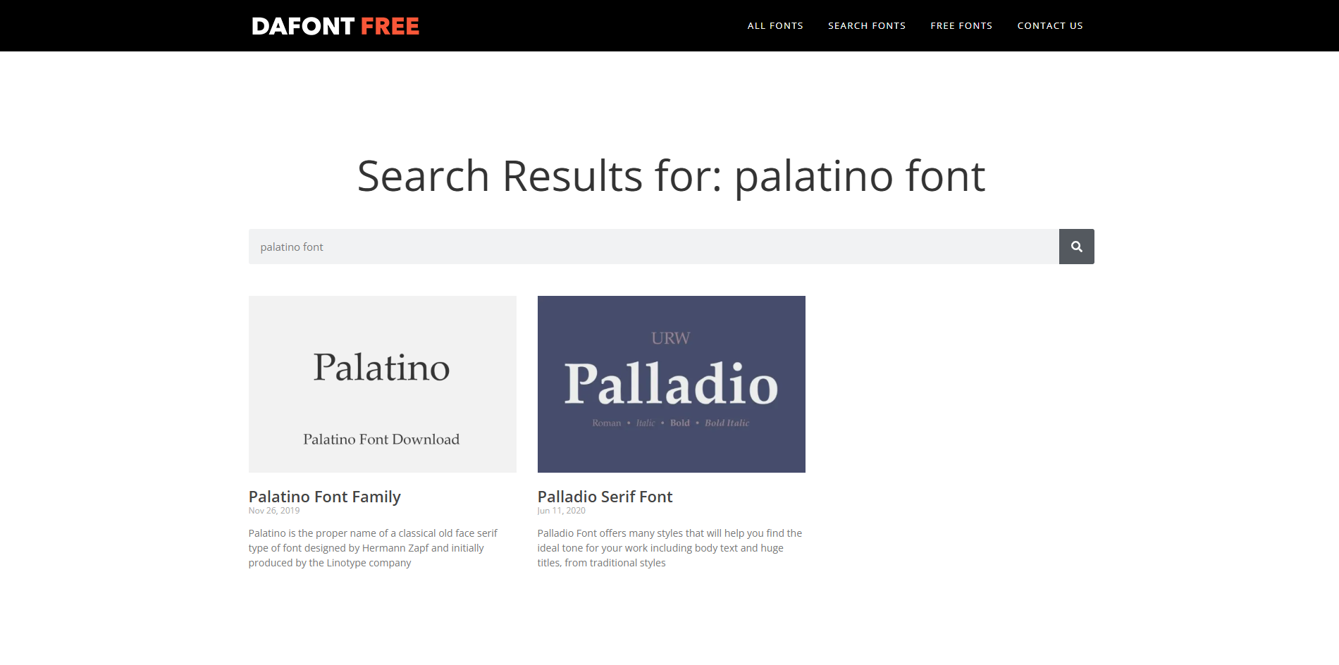 Interfaccia di DaFont Free - una risorsa online per scaricare i caratteri Palatino