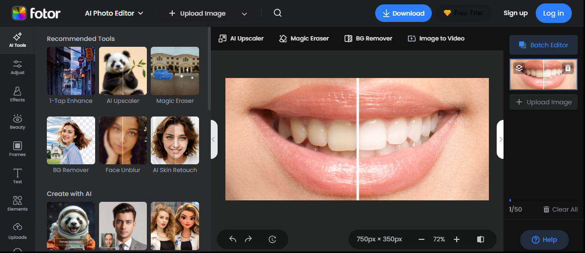 Interface of Fotor - the best tool for whitening teeth