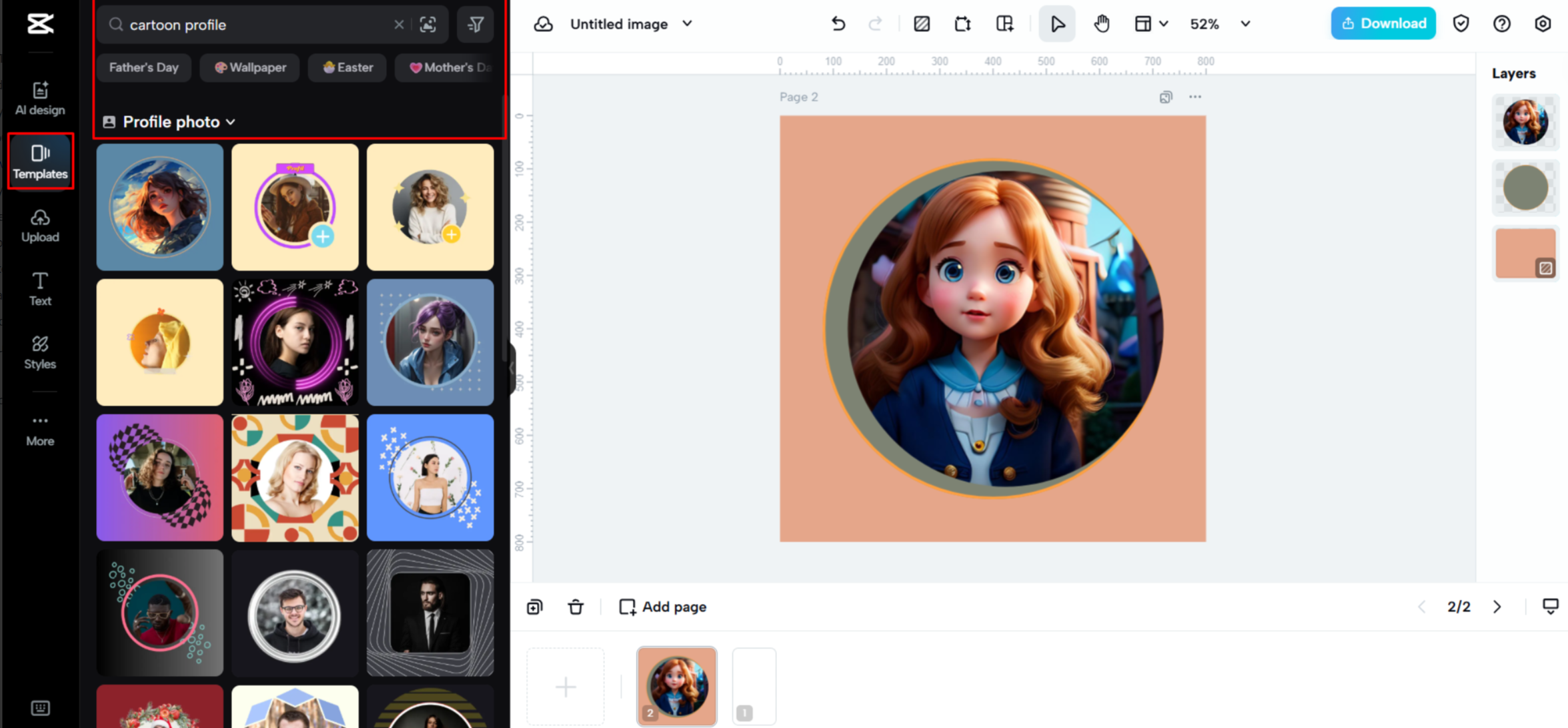 Seleccionando una plantilla de imagen de perfil de dibujo animado en CapCut Web