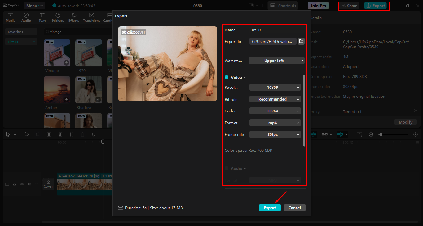 Exporting the video from the CapCut desktop video editor