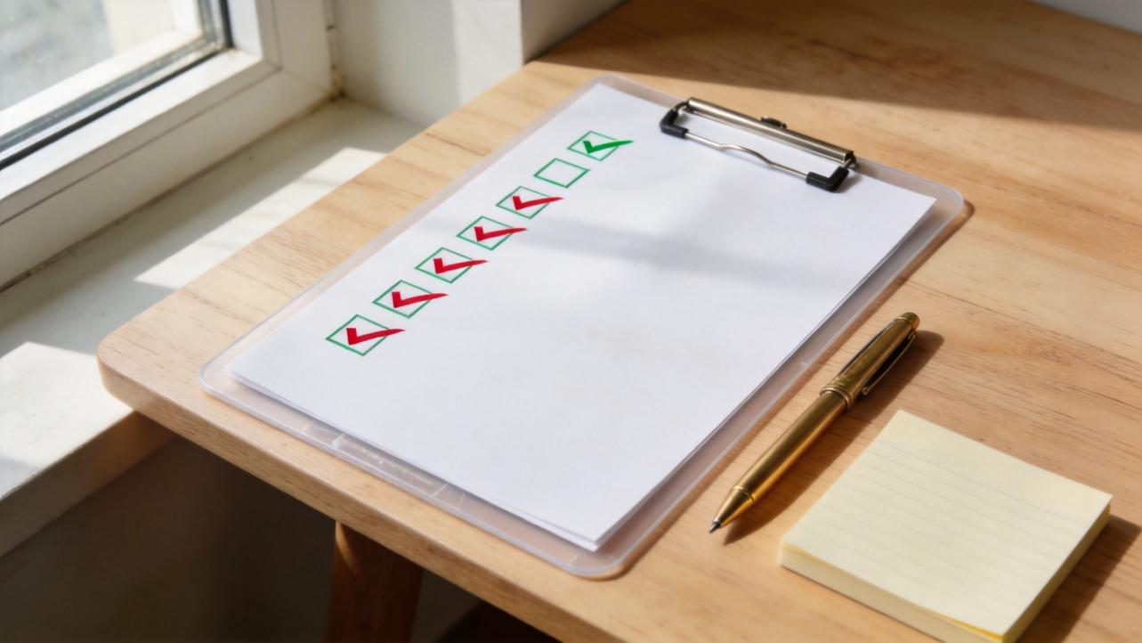 Clipboard with a checklist of green and red checkmarks on a wooden desk beside a pen and notepad.
