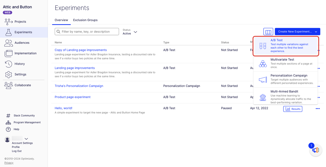 Optimizely interface