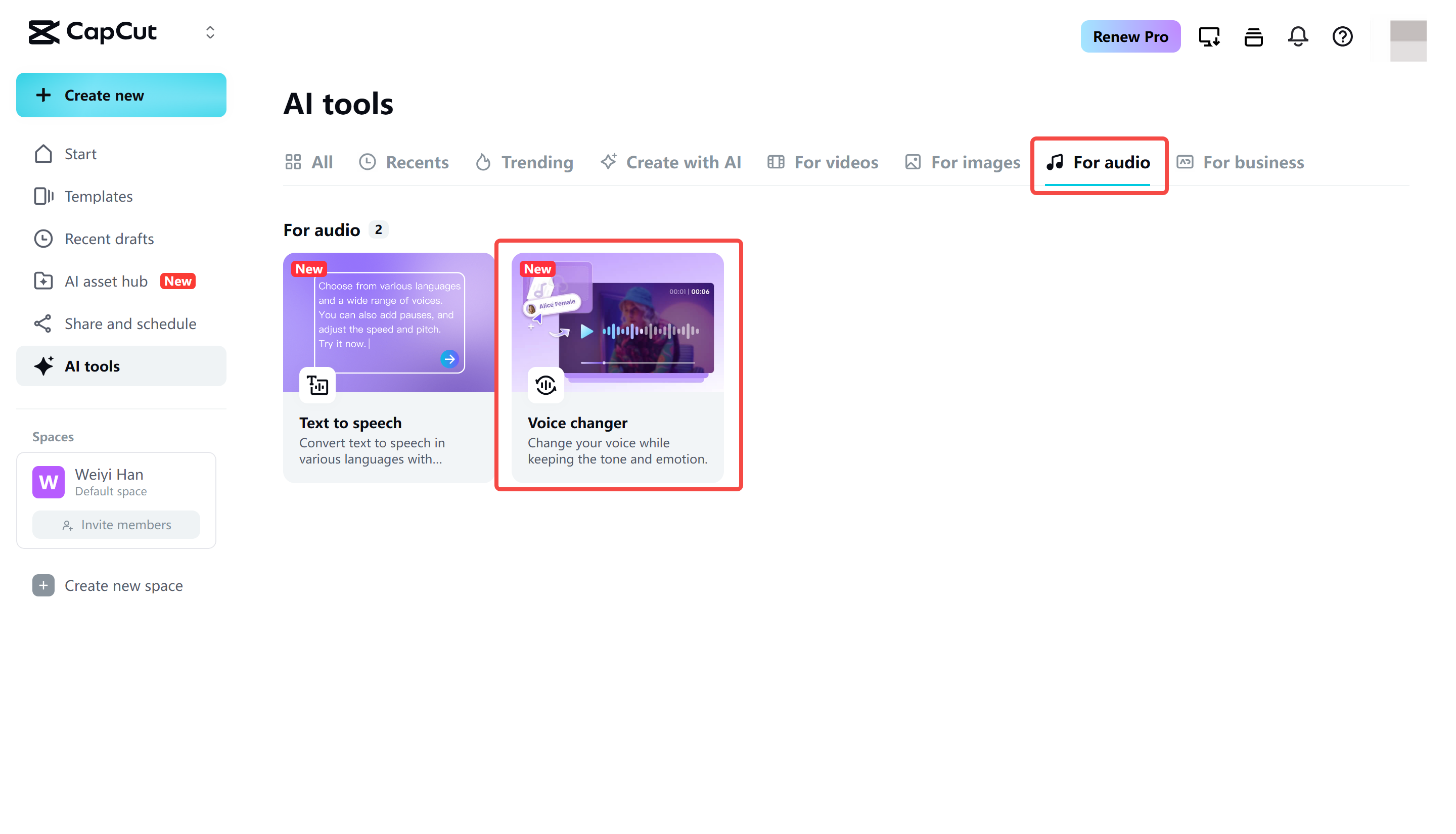 Ouverture du changeur de voix dans CapCut Web