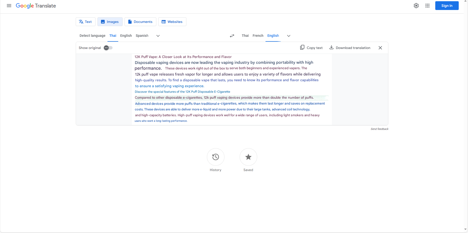 Translate Thai images in Google Translate