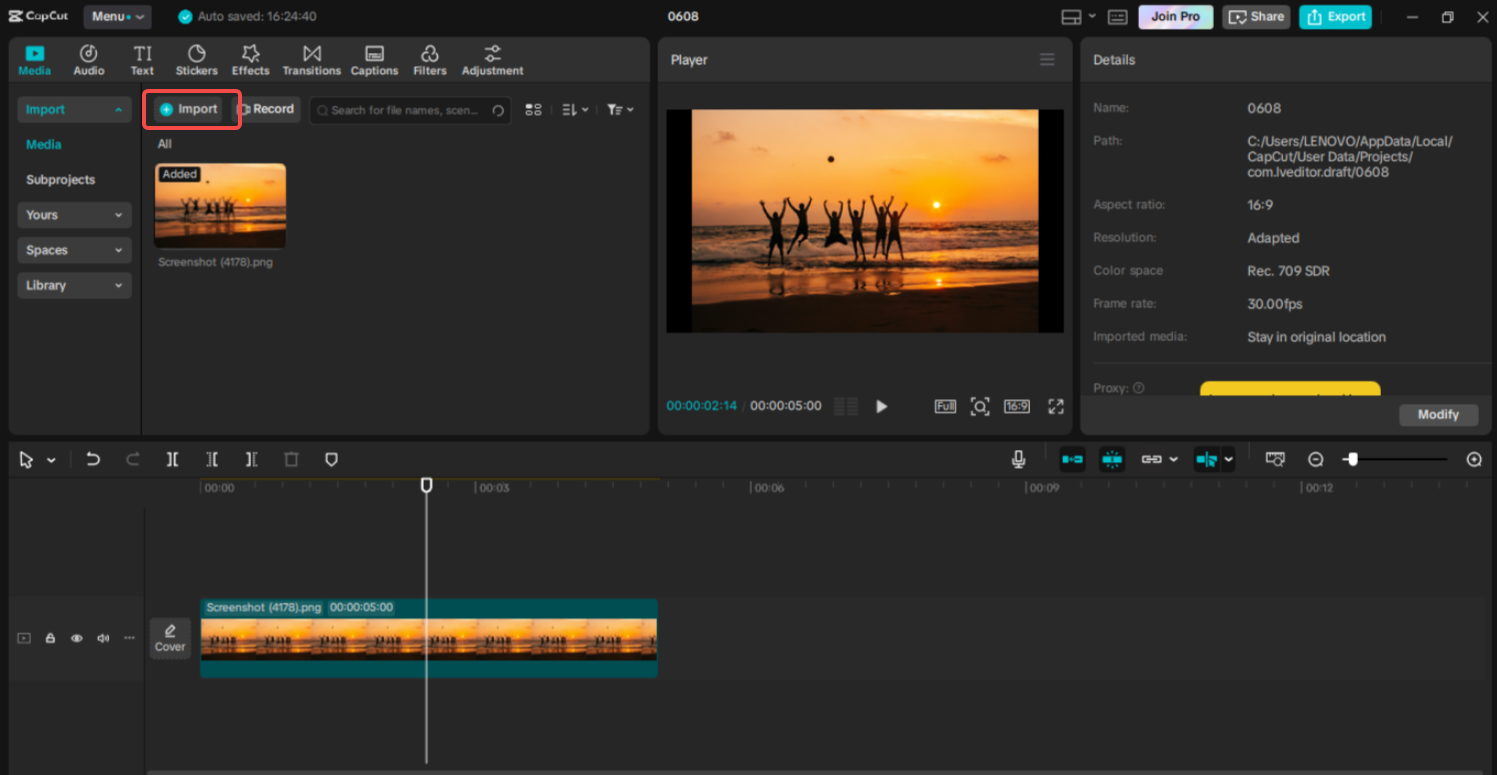 Importieren des Videos / Bildes in CapCut