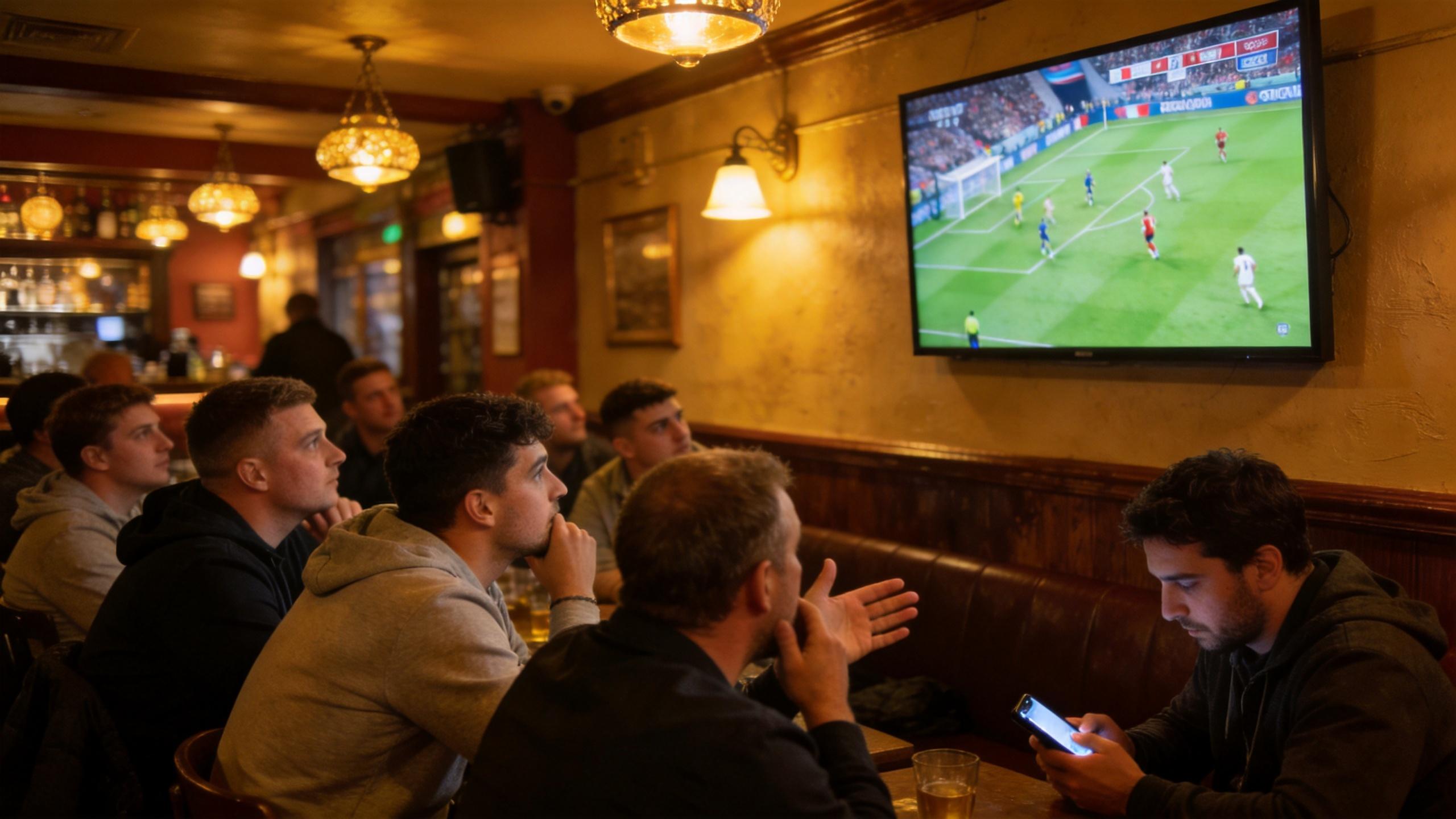 Group of men watching a soccer match on a wall-mounted TV in a pub