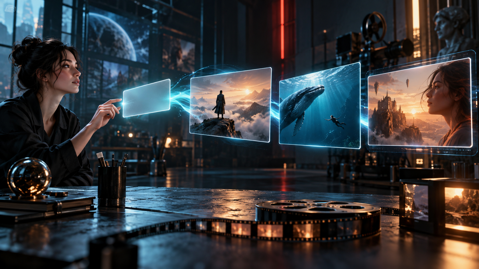 A prompt transforming into connected cinematic video scenes