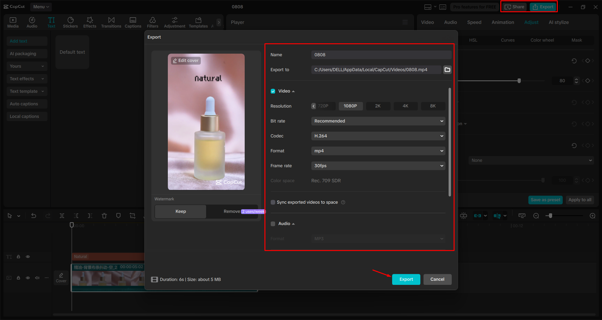 Esportazione di un video dall' CapCut editor video desktop