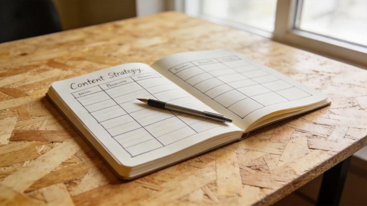 Open notebook labeled content strategy with a pen on a wooden table