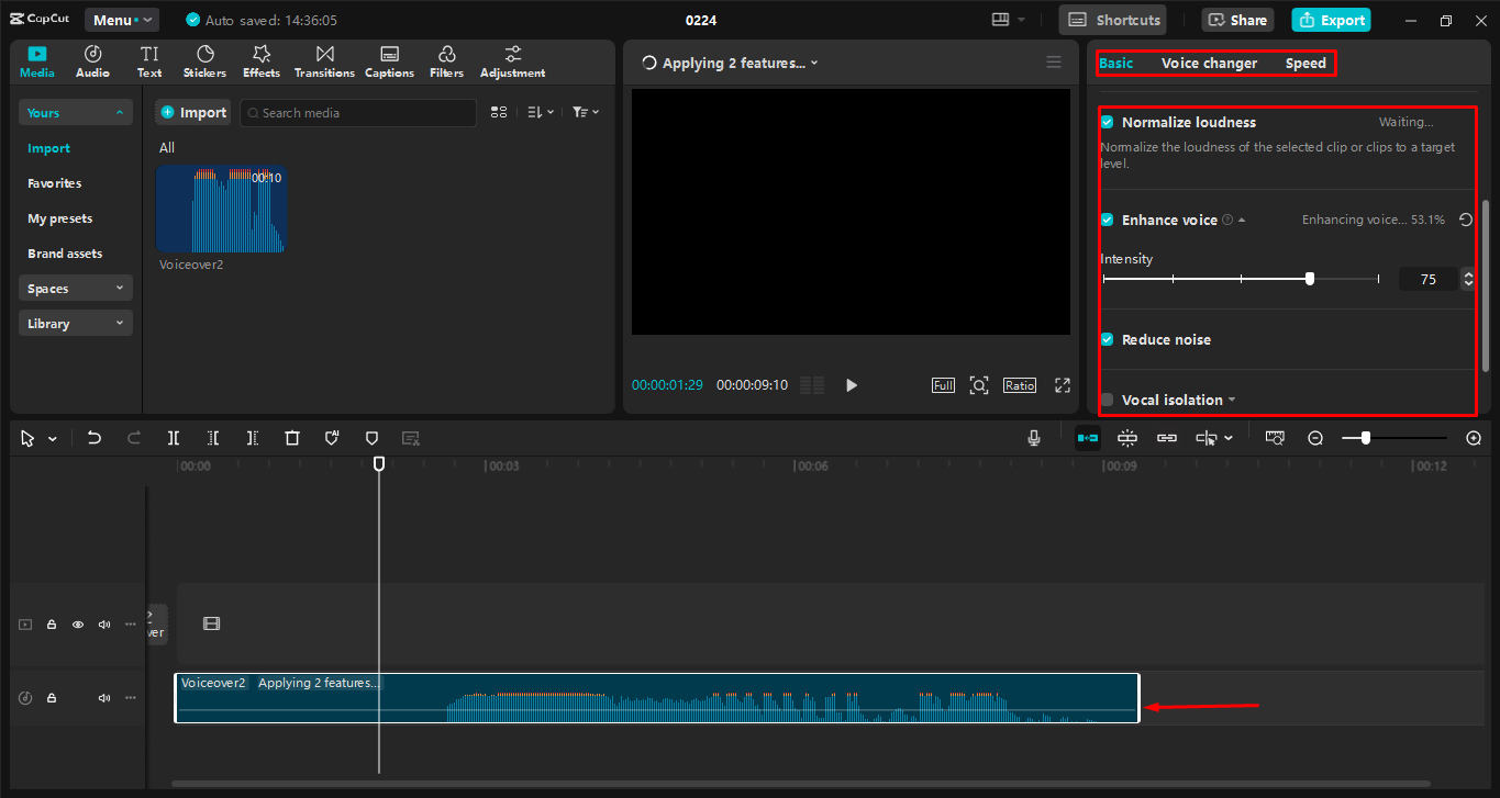 Úprava zvuku pomocí různých nástrojů v editoru videa pro stolní počítače CapCut