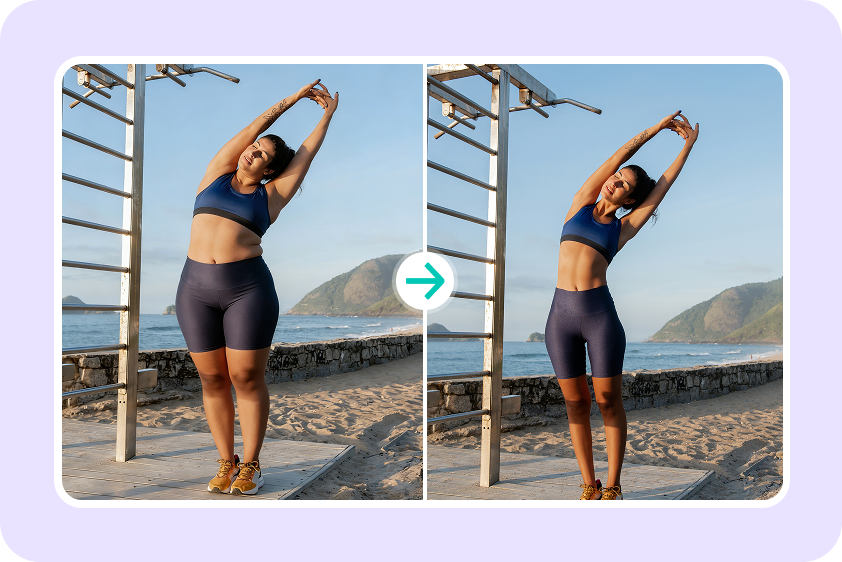 A before-and-after fitness portrait compares the same woman exercising beside outdoor pull-up bars