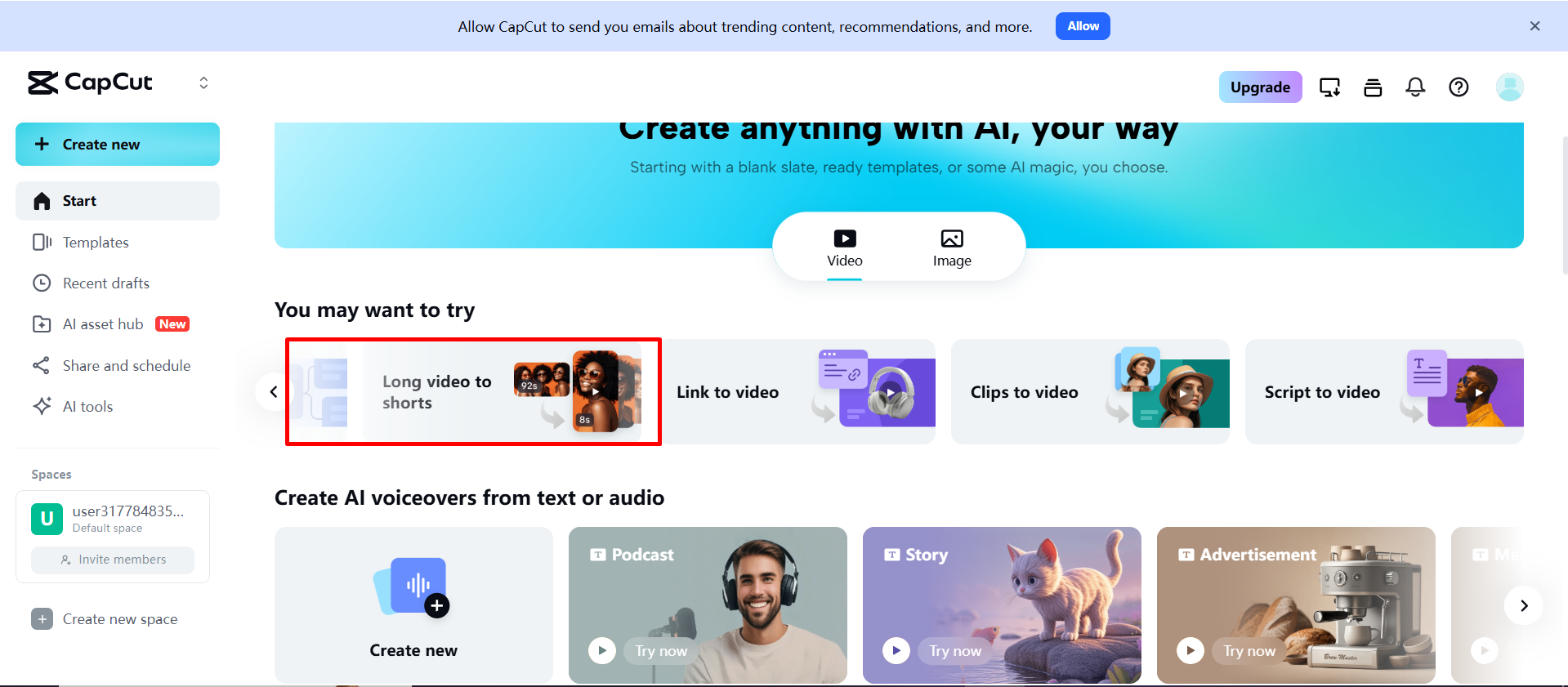 Truy cập công cụ chuyển đổi video dài sang video ngắn trên CapCut Web
