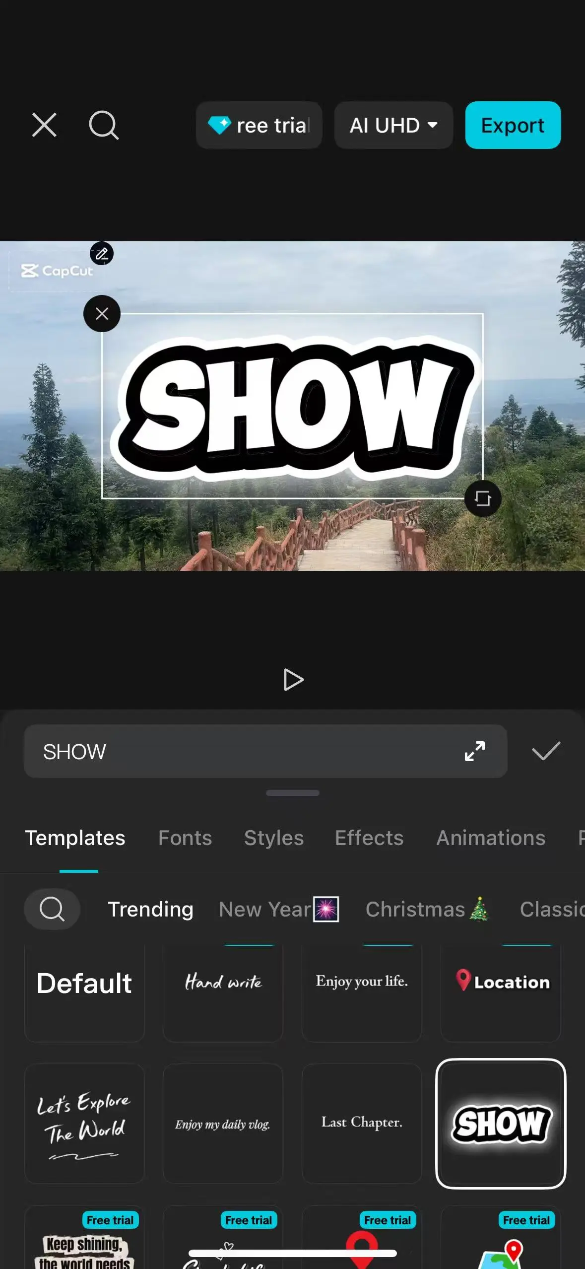 CapCut mobile interface showing a text track selected for editing
