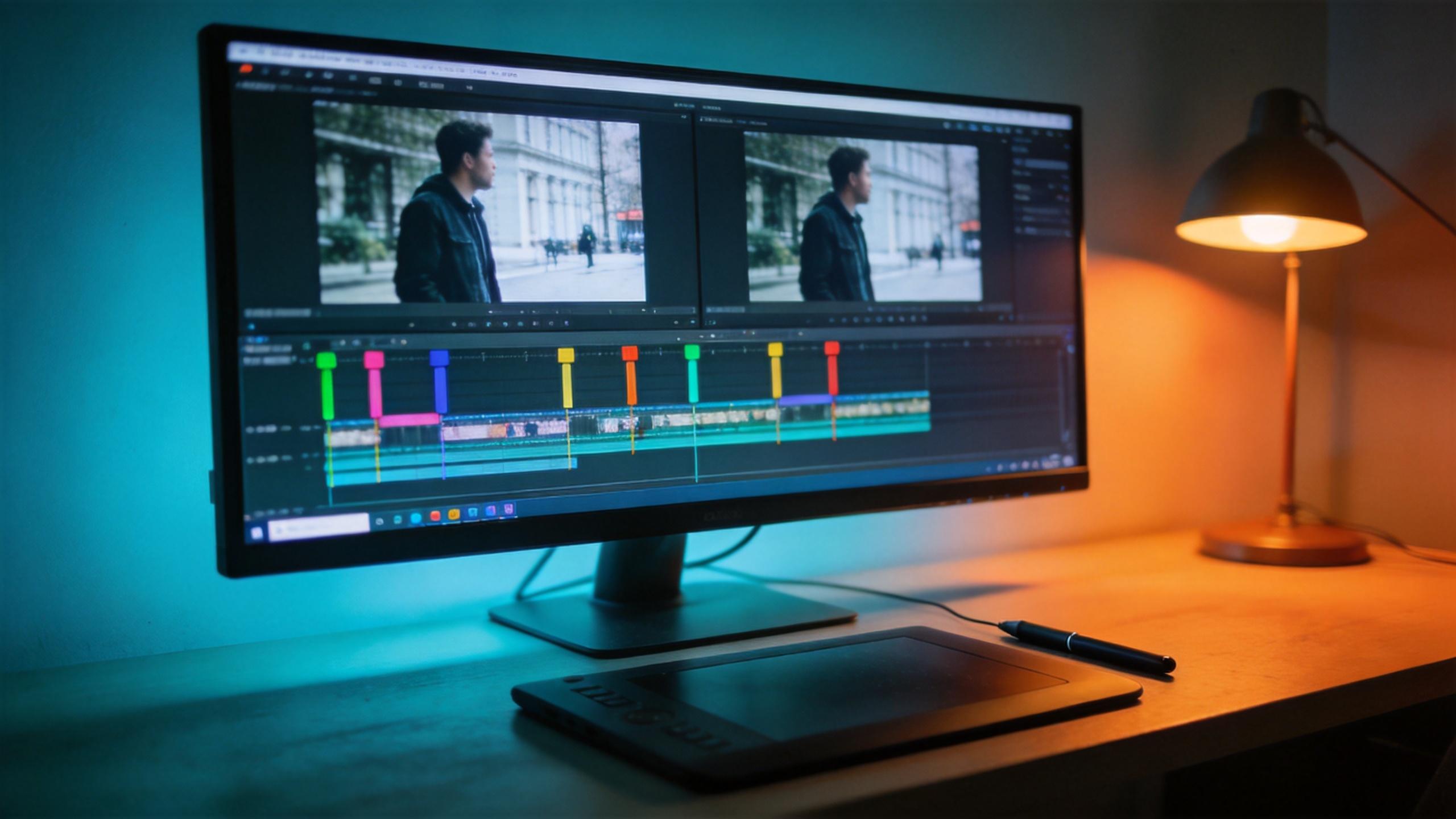 Video editing monitor with dual preview windows and a multicolor timeline on a desk