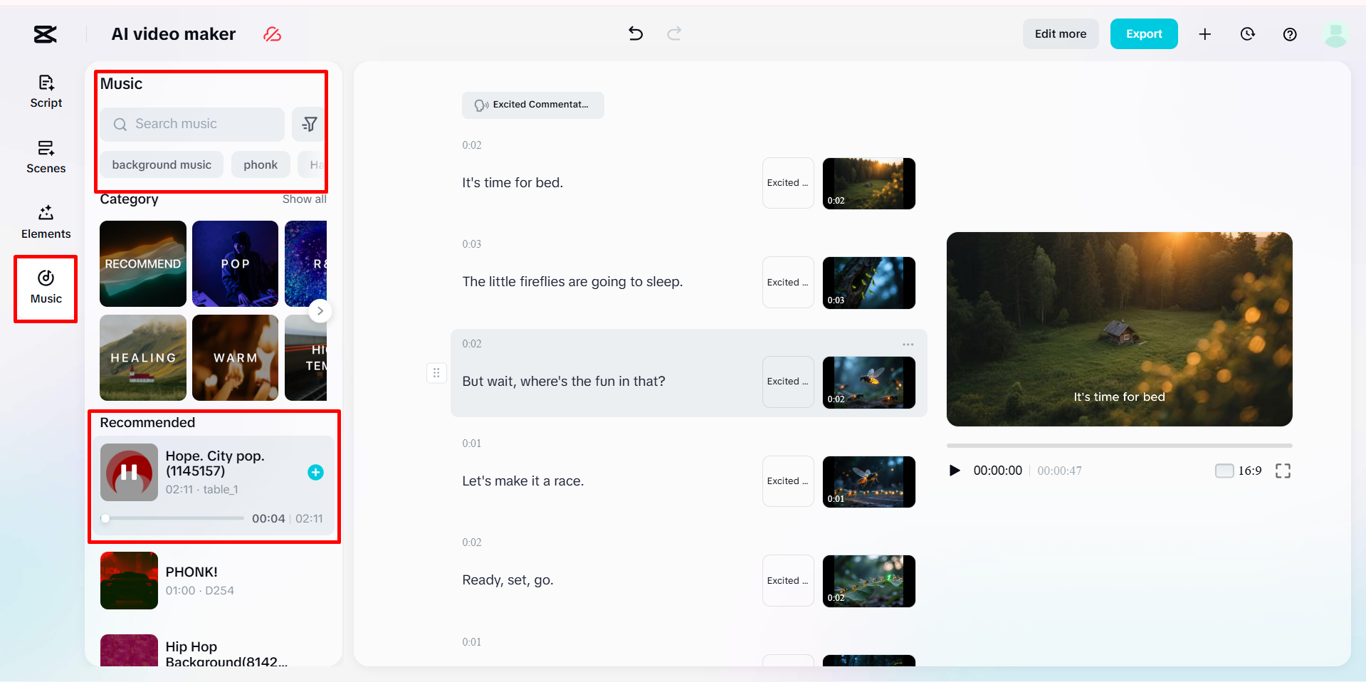 Adding the background music to the AI-generated video in CapCut's AI video maker